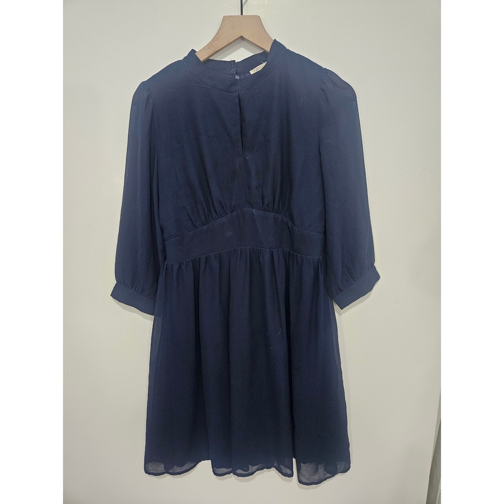 See The Shady Navy Blue Mock Neck Keyhole Empire Waist Chiffon Mini Dress Small